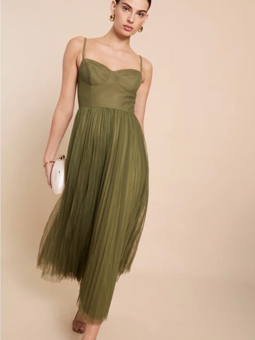 o.p.t. Keeya Olive Green Tulle Midi Dress - Women's Sleeveless Dress Size 2